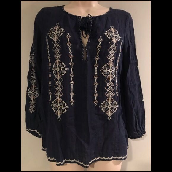 JOIE EMBROIDERED BOHO NAVY BLUE PEASANT BLOUSE XS - Picture 2 of 8